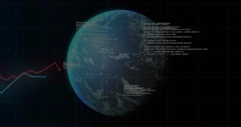 Showing rendered Earth rotating over HUD-grid with stars, displaying code notes Illustrazione stock