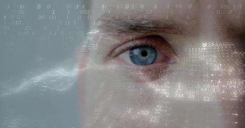Showing right eye visualizing code in studio, with binary digits and wave Stock Photos