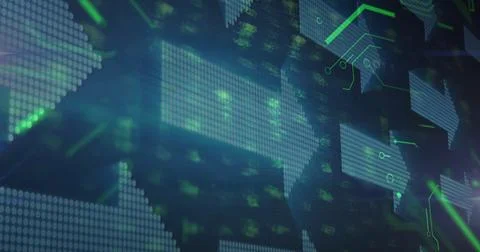 Showing right-pointing dot matrix arrows on blue interface, green circuitry and Illustrazione stock