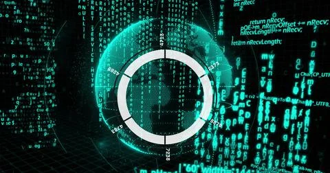 Showing ring chart overlaying wireframe globe in cyberspace with code streams Illustrazione stock