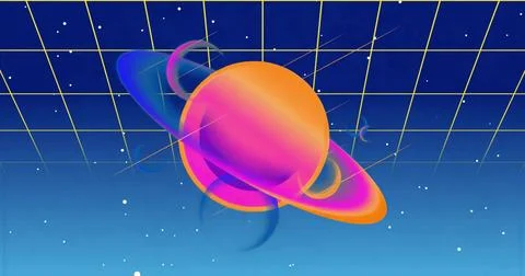 Showing ringed planet orbiting moons over yellow wireframe grid, with neon st Stock Illustration