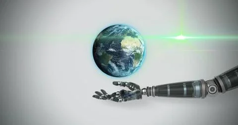 Showing robotic forearm, hand holding floating Earth globe in studio with green Stock Illustration