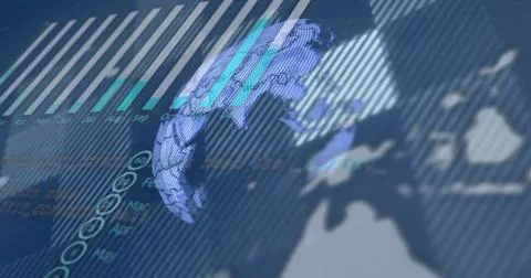 Showing rotating 3D digital globe over analytics dashboard, with grid lines and Fotos Stock