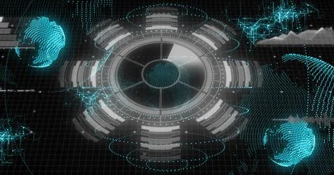 Showing round holo interface projecting ringed bars on dark grid, showing three Stock Illustration