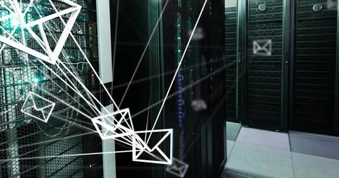 Showing row of black server racks glowing with LEDs in data center aisle, with Stock Photos