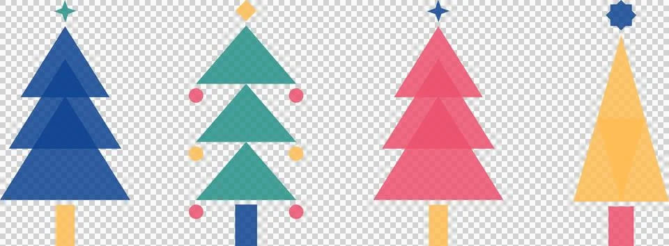 Showing row of four flat tree icons on clear background, featuring star shapes, Stock Illustration