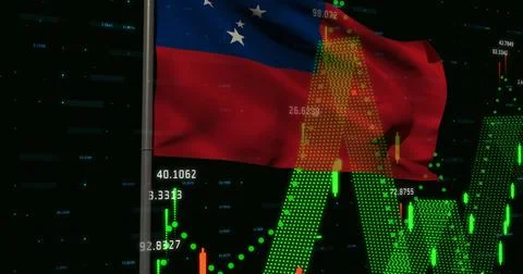 Showing Samoa flag fluttering in grid with flagpole, green chart elements and Stock Photos