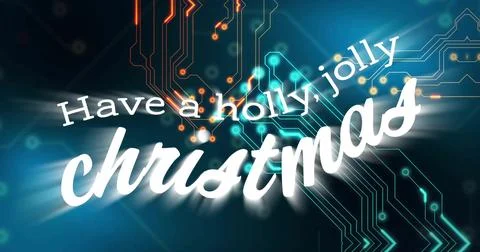 Showing script christmas slanting across teal tech background, with holly jol Stockillustratie
