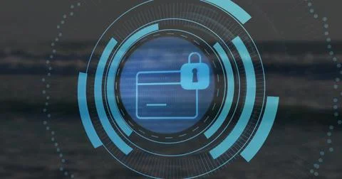 Showing security interface over ocean waves, with card icon, padlock, HUD 写真素材