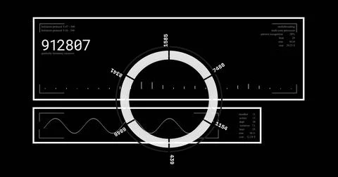 Showing segmented donut chart on black UI with numeric readout 912807, graph and Stock Illustration