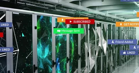 Showing server cabinets blinking LED lights in data center, with overlaid Stock Illustration