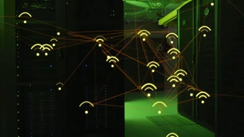 Showing server cabinets in data center aisle, filling with animated yellow nodes 動画素材 333963208