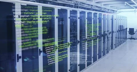 Showing server cabinets displaying blinking LEDs in data center with code panels 写真素材