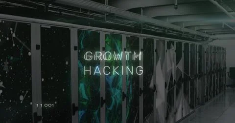 Showing server cabinets featuring stylized GROWTH HACKING overlay in data 스톡 사진