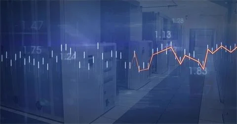 Showing server cabinets flashing LEDs in data center corridor, with orange line Stock Illustration