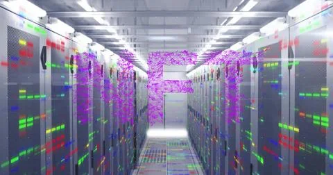 Showing server cabinets with LED lights, fiber cables and glitch overlay in data Stock Photos