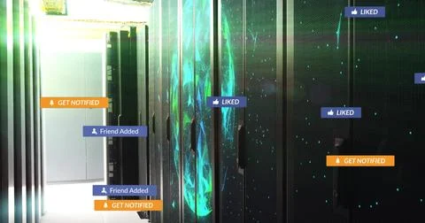 Showing server cabinets with network visuals in data center corridor, with Stock Photos