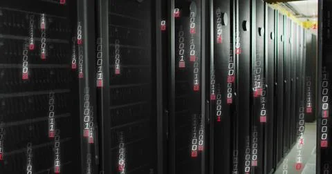 Showing server cabinets running inside data center, with blinking LEDs, cable Foto stock