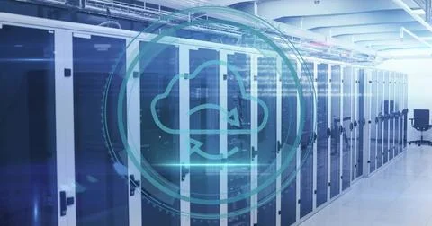 Showing server cabinets syncing in data center corridor, with cloud sync icon Stock Photos