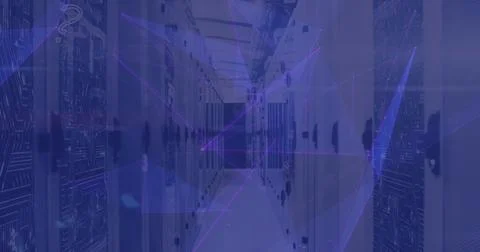 Showing server corridor with perforated racks, cable trays, lit LEDs in data Stock Photos
