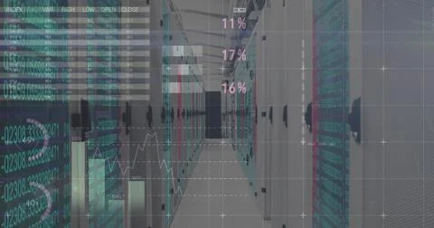 Showing server rack aisle in data center displaying LEDs, analytics, cables and Stock Photos