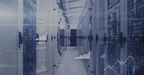 Showing server rack aisle running through data center, with blinking LEDs and Stock Photos