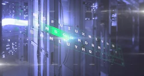 Showing server rack with cable bundles projecting holo keyboard overlay in data 写真素材