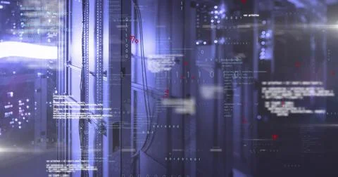 Showing server rack centered in server room corridor, with glass front, LEDs and Stock Photos