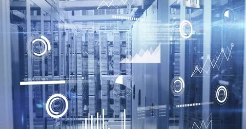 Showing server rack cluster displaying digital analytics at data center, with Stock Photos