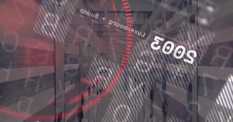 Showing server rack corridor in data center, displaying red data arcs and Stock Illustration