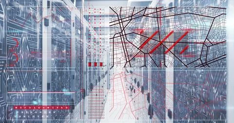 Showing server rack corridor extending into data center, with digital map 库存照片