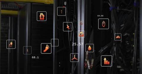 Showing server rack displaying patch cables and cable arms in data center, wi Illustrazione stock