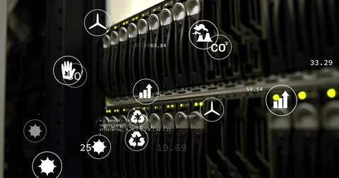 Showing server rack displaying yellow LEDs in datacenter with wind turbine and Stock Illustration