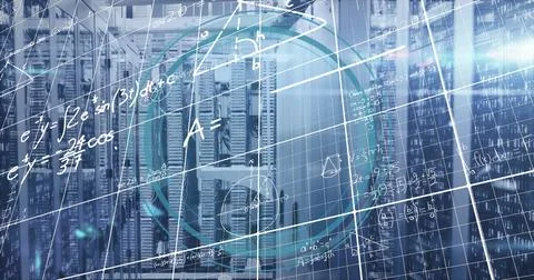 Showing server rack with equations, network cables and cloud icon in data Foto stock