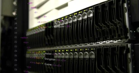 Showing server rack featuring hot-swappable drive bays in data center, with HTML Stock Photos