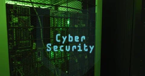 Showing server rack glowing behind perforated grille in data center, with Cyber Stock Illustration