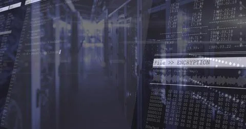 Showing server racks and encryption terminal overlay in data center aisle, with 스톡 사진