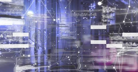 Showing server racks and patch cables glowing in data center, with network Stock Photos