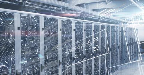 Showing server racks with circuit-pattern panels at data center, with digital Illustrazione stock