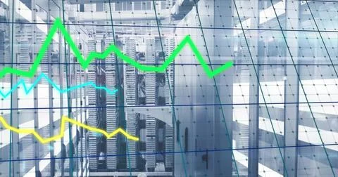 Showing server racks displaying performance data in data center corridor, with Stock Illustration