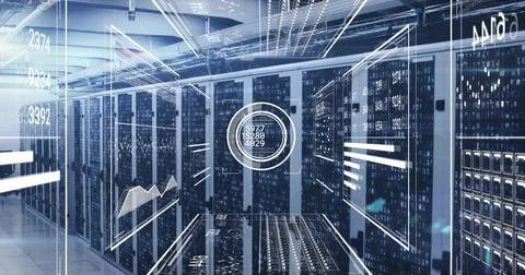 Showing server racks extending down data center aisle, with blinking LEDs and Stock Photos