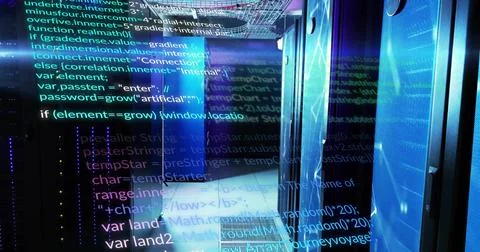 Showing server racks with floating code overlay in data center corridor, with Stock Photos