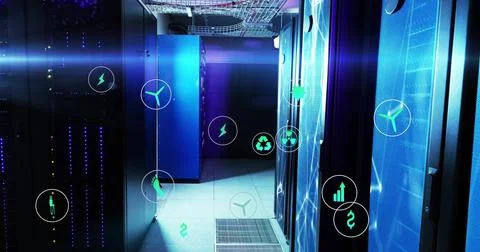 Showing server racks glowing blue in data center hallway with cable trays, Stock Photos