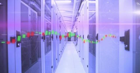 Showing server racks glowing in data center corridor, with candlestick chart  Foto stock