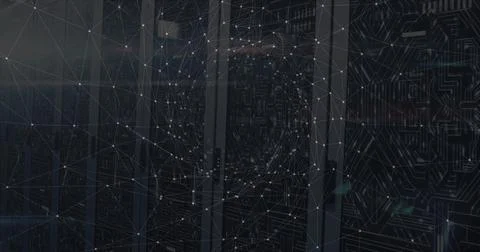 Showing server racks glowing with status indicator LEDs in dark server room, Stock Illustration