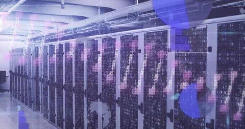 Showing server racks with LED lights in data center aisle, with pipes, chair and 写真素材