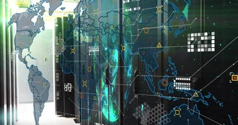 Showing server racks with LED lights and cabling in data center aisle, left Stock Photos