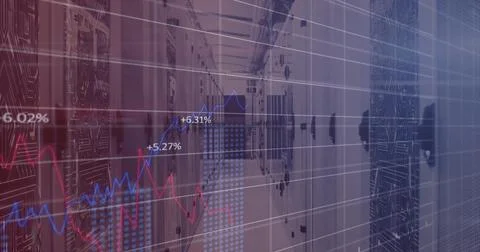 Showing server racks lining data center hallway, with digital line chart Foto stock