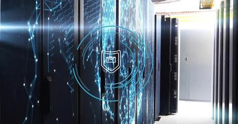 Showing server racks projecting LED-lit circuits and holographic shield map in Stock Photos