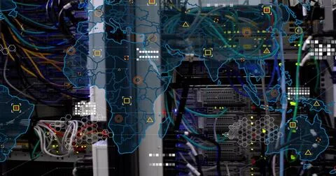 Showing server racks routing network data in data center, with Ethernet cables Stock Illustration